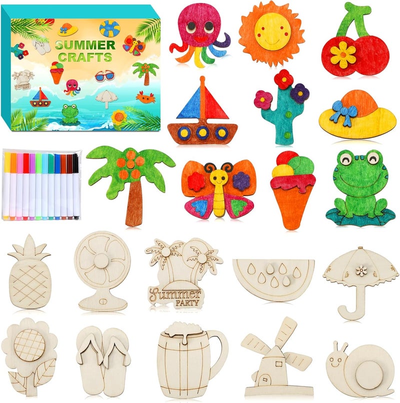 Worgree Summer Crafts for Kids, 36 Pcs DIY Wooden Magnets Art Craft Supplies Painting Kit for Boys Girls Ages 4-8 8-12 Birthday Party Gifts Summer Activities School Classroom Prizes - Image 1